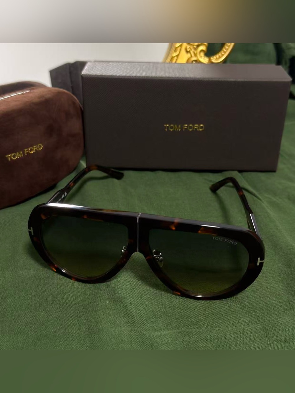 Tom Ford Tortoiseshell and Dark Green Aviator Sunglasses
